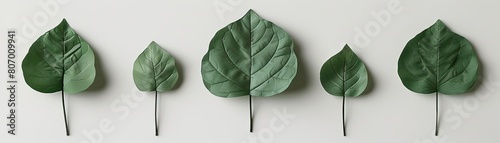 Green leaves of different sizes on a white background. The concept of growth, development, and the environment. photo