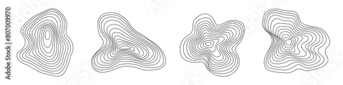 Organic shape of annual wood tree line ring. Abstract ripple circular concentric texture. Topographic rough design. Relief wave contour surface. Ink map stump symbol. Fractal wavy timber grid