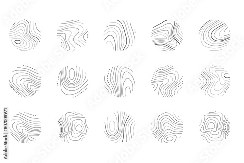 Wood tree ring pattern texture icon. Trunk with annual circle line of age pictogram. Topography stump collection. Man contour with concentric geometric symbol for stories cover. Wavy structure set