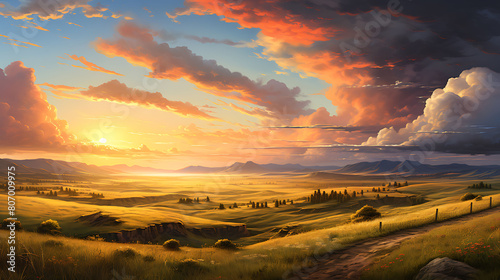 Golden Hour on the Prairie  Depict the warm glow of sunset over grasslands.