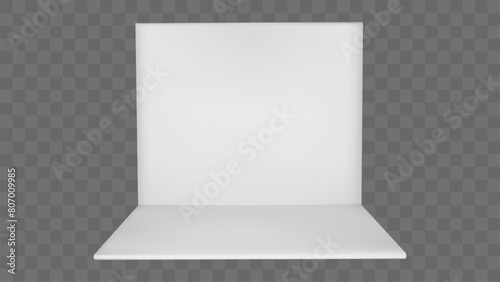 3d stand booth mockup. White empty wall room for trade event or show mock up design. Blank exhibition floor render template. Exhibit showroom or expo square kiosk layout with small promotion area