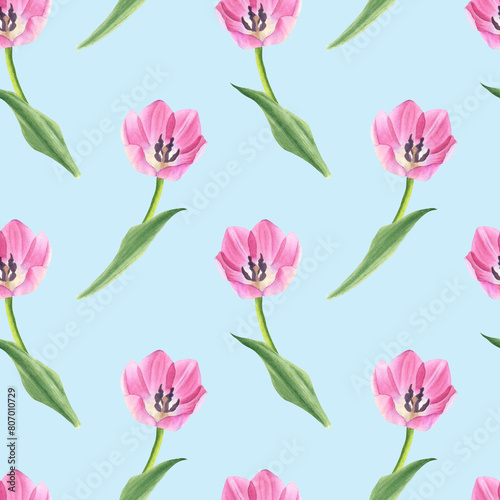 Pink tulips flowers with leaves. Seamless pattern on blue background. Hand drawn watercolor botanical illustration. For postcards, textiles, covers, wallpapers, design, decor, wrapping paper, clothing © Svetlana