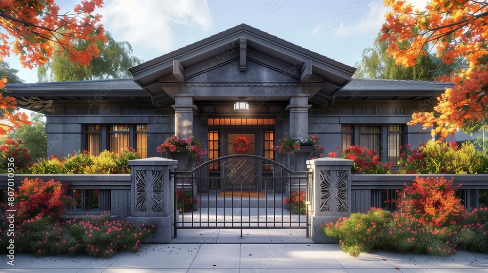 A slate grey craftsman house with a decorative rod gate and matching window grills Front view. A slate grey craftsman house with a decorative rod gate and matching window grills Front view.
