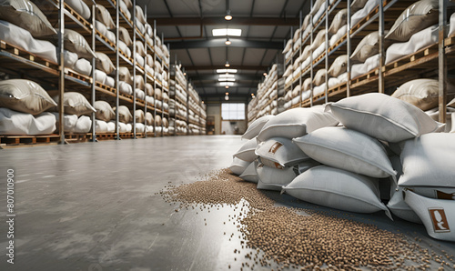 Warehouse with Wheat Bags. Industrial Storage Facility with Wheat Bags. Wheat Bags in Warehouse Setting © Maria