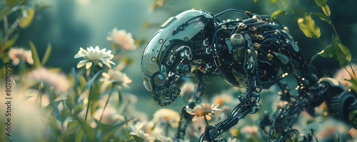 Bring to life biomechanical creatures with intricate metallic exoskeletons amidst a utopian garden Explore a worms-eye view perspective photo