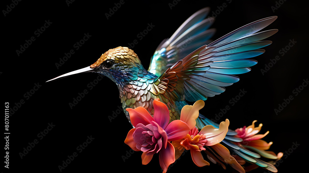 Fototapeta premium Hummingbird Ballet: Describe the iridescent blur of tiny wings at a flower.