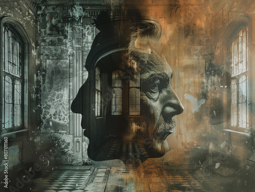 Bring to life the duality of Jekyll and Hyde through a wide-angle view, merging psychological concepts with a mix of dark oil painting and intricate digital textures
