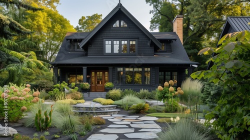 Charcoal black Craftsman cottage with a landscaped yard and flagstone walkway.