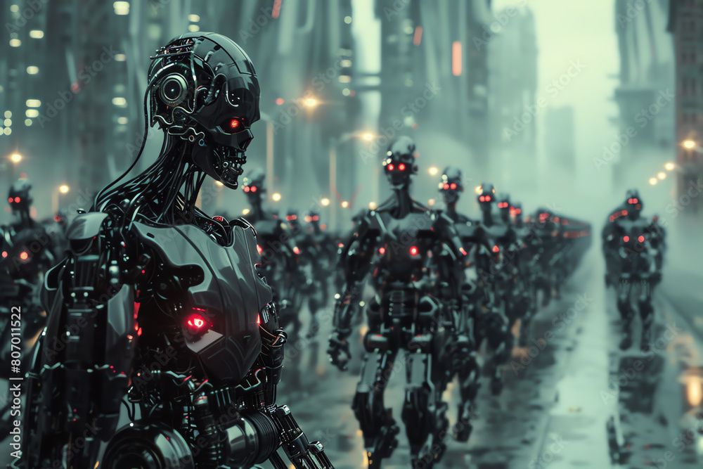 Capture a close-up shot of a dystopian cityscape overrun by advanced AI