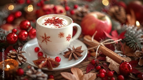  Cappuccino in saucepan with cinnamon, apple, and pine cone