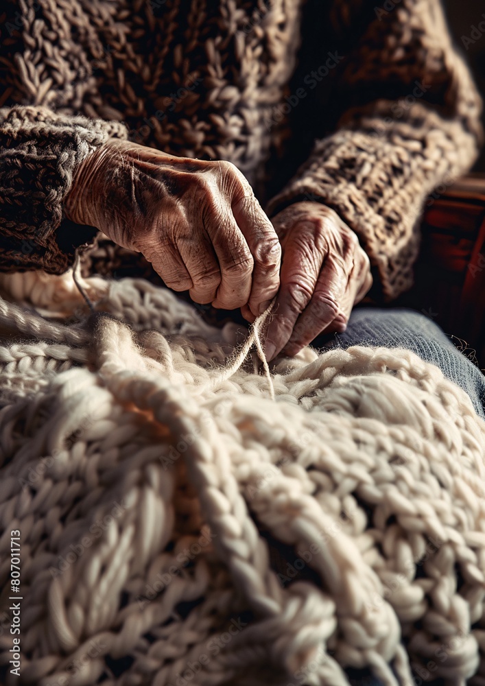 Elderly Person Handcrafting a Chunky Woolen Blanket in Cozy Room Setting Elderly Person Handcrafting a Chunky Woolen Blanket in Cozy Room Setting