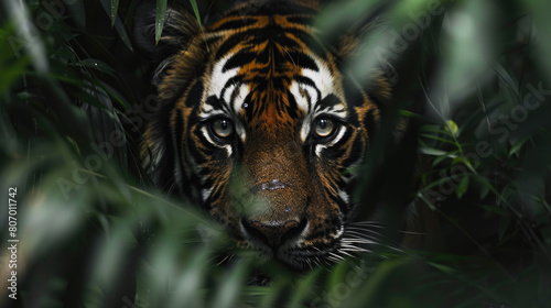 A tiger lurks from the shadows of the dense forest foliage © boxstock production
