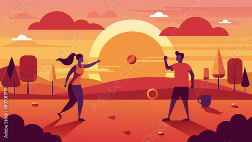 Against the colorful canvas of a summer sunset players battle it out in a nailbiting game of horseshoes.. Vector illustration