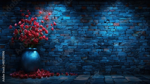   A vase brimming with red blossoms sits atop a table near a brick wall and beneath a blue light photo
