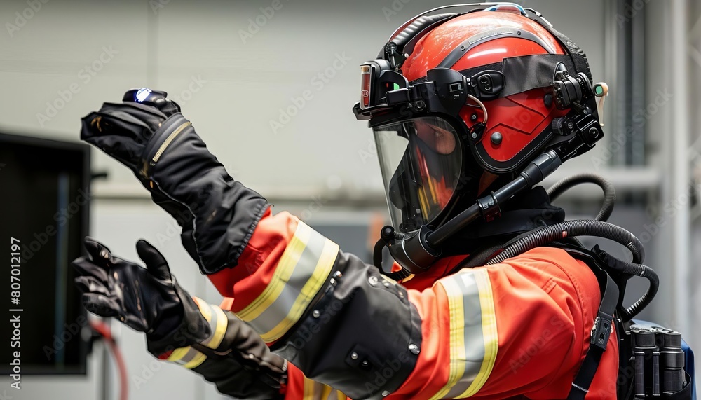A haptic feedback suit used for training firefighters in virtual reality disaster simulations A haptic feedback suit used for training firefighters in virtual reality disaster simulations