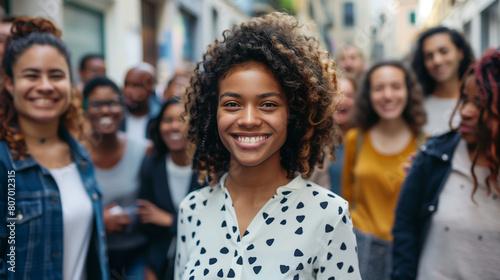 Close up portrait of young black or african-american woman standing in the middle surrounded by a crowd of people on the street or school. Portrait of happy Student or businesswoman 
