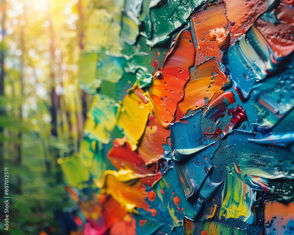 Capture a side view of a vibrant, abstract oil painting set against a lush, forest background, showcasing a unique perspective Capture a side view of a vibrant, abstract oil painting set against a lush, forest background, showcasing a unique perspective