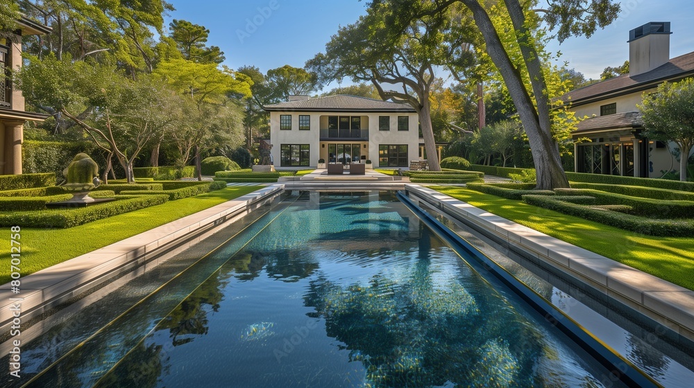 Luxurious estate with a large pool and manicured gardens, traditional house with modern touches. Luxurious estate with a large pool and manicured gardens, traditional house with modern touches.