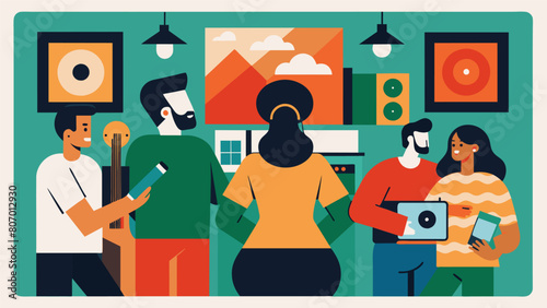 At an art gallery a group of audiophiles explored the intersection of music and artwork sharing their insights on album covers and their influence on Vector illustration