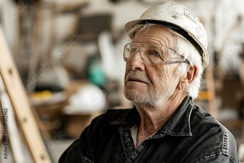 Serious elderly man in construction attire looking off-camera in a building site.