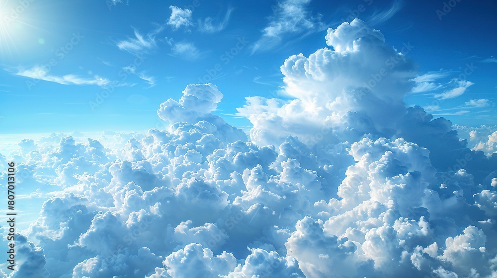A crystal-clear blue sky adorned with fluffy white clouds, framing a radiant golden sun atop A crystal-clear blue sky adorned with fluffy white clouds, framing a radiant golden sun atop