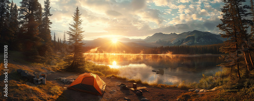 Capture the essence of Impressionism in a breathtaking panoramic view of a sunrise over a serene wilderness camping scene Utilize unexpected camera angles to evoke a sense of wonde photo