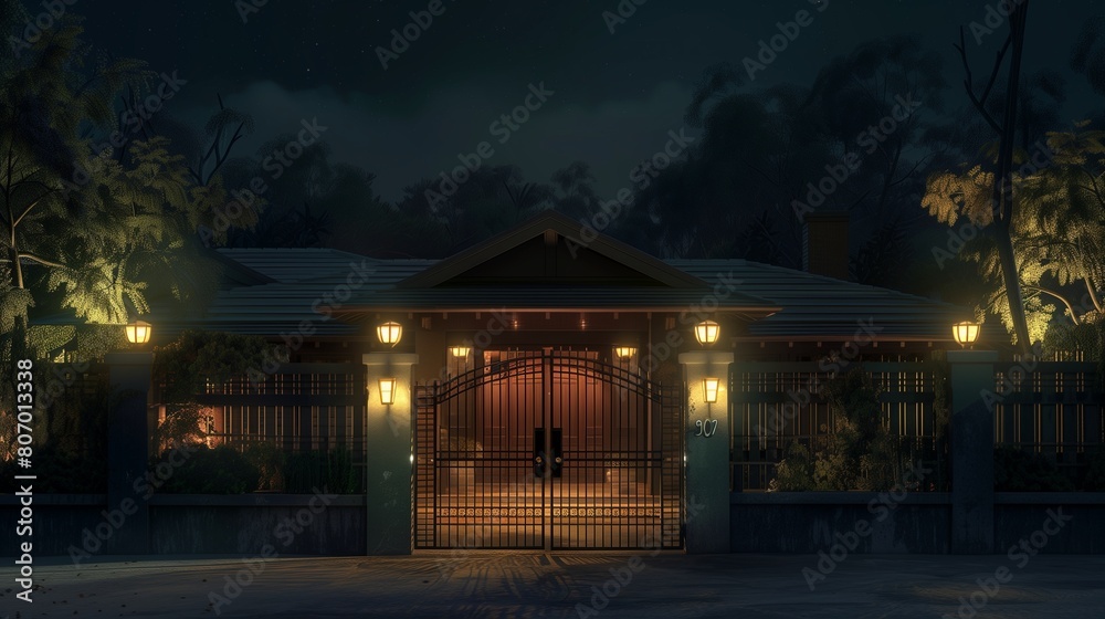Midnight view at a craftsman house, security lights casting stark contrasts against the night sky. Midnight view at a craftsman house, security lights casting stark contrasts against the night sky.