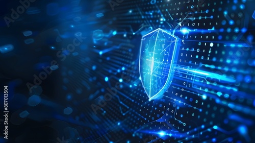 Abstract digital connectivity concept with glowing protective shield symbol on blue background