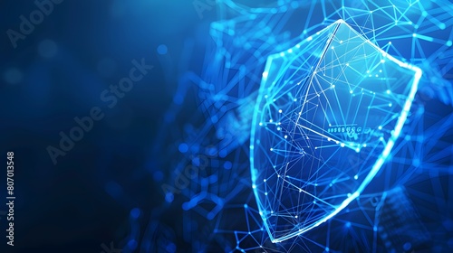 Abstract digital connectivity concept with glowing protective shield symbol on blue background