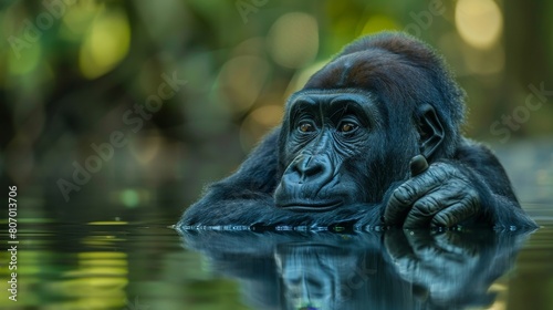 A gorilla is swimming in a body of water photo