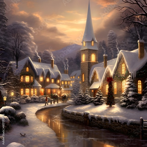 Winter village with snow covered houses in the background. Digital painting.