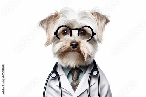 Cute and funny dog impersonating doctor person, working in the hospital
