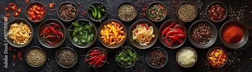 Various spices in black bowls on a dark background. photo