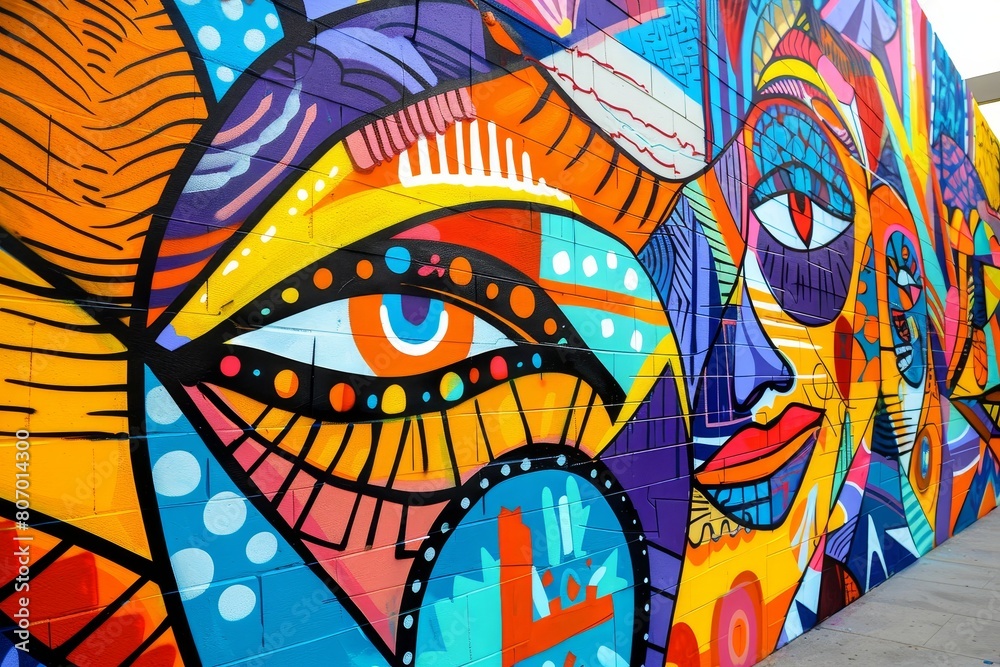 Obraz premium A colorful mural of two faces with eyes and lips