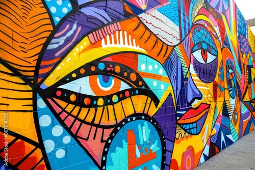 A colorful mural of two faces with eyes and lips