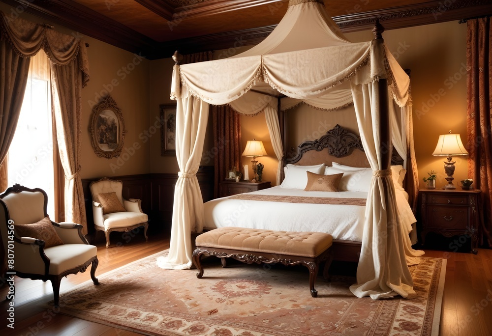 A luxurious and ornate bedroom with a large four-poster bed, antique furniture, and elaborate curtains and decor. The room has a warm, traditional and opulent feel. A luxurious and ornate bedroom with a large four-poster bed, antique furniture, and elaborate curtains and decor. The room has a warm, traditional and opulent feel.