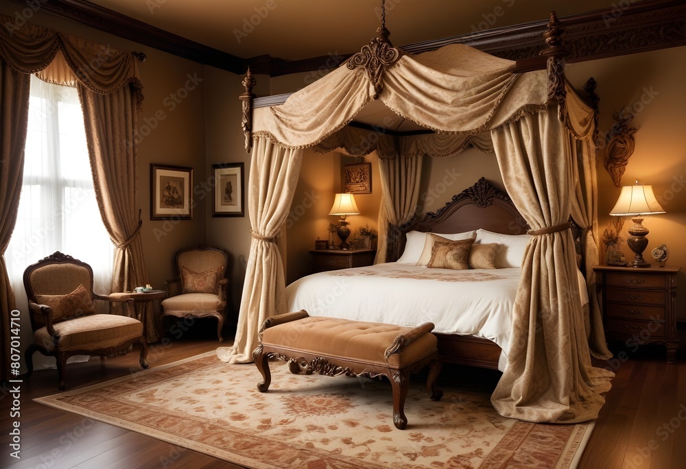 A luxurious and ornate bedroom with a large four-poster bed, antique furniture, and elaborate curtains and decor. The room has a warm, traditional and opulent feel. A luxurious and ornate bedroom with a large four-poster bed, antique furniture, and elaborate curtains and decor. The room has a warm, traditional and opulent feel.
