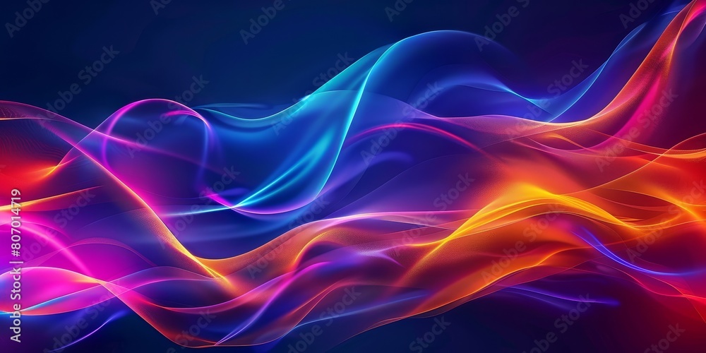 Vibrant Abstract Waves: Colorful Flowing Ribbons on Dark Blue Background, Dynamic Motion, Artistic Design, Digital Artwork Vibrant Abstract Waves: Colorful Flowing Ribbons on Dark Blue Background, Dynamic Motion, Artistic Design, Digital Artwork