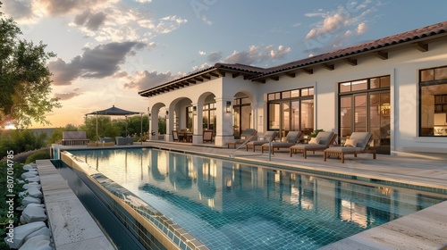 Mediterranean villa with poolside patio, evening sun highlighting the luxurious setting. © Faisal Ai