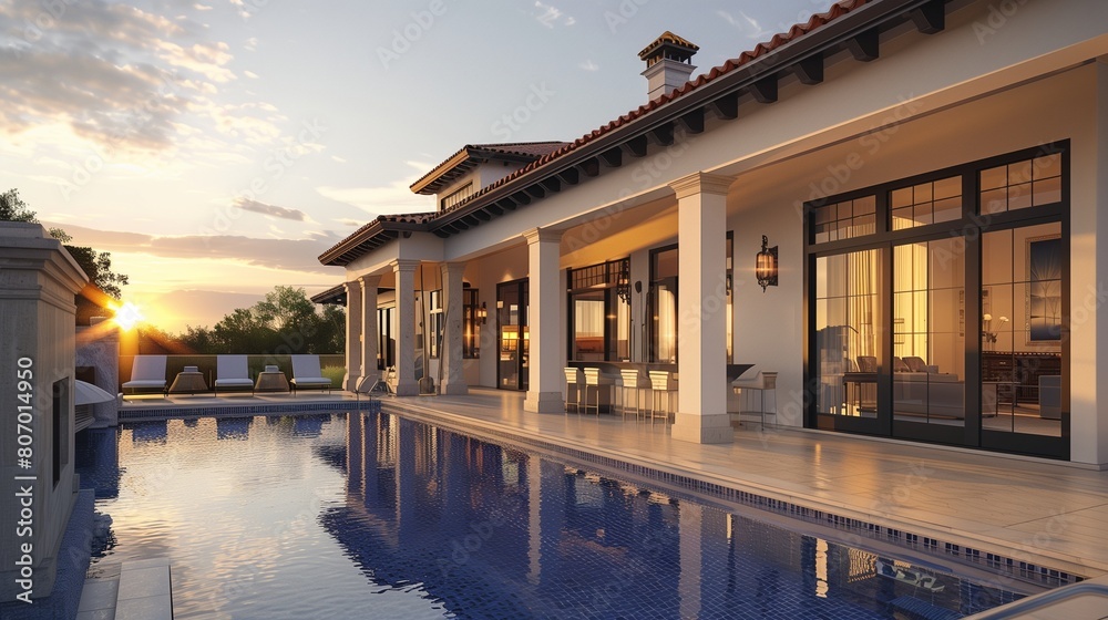 Side angle view of a Mediterranean villa at sunset, showcasing a large pool and adjacent patio. Side angle view of a Mediterranean villa at sunset, showcasing a large pool and adjacent patio.