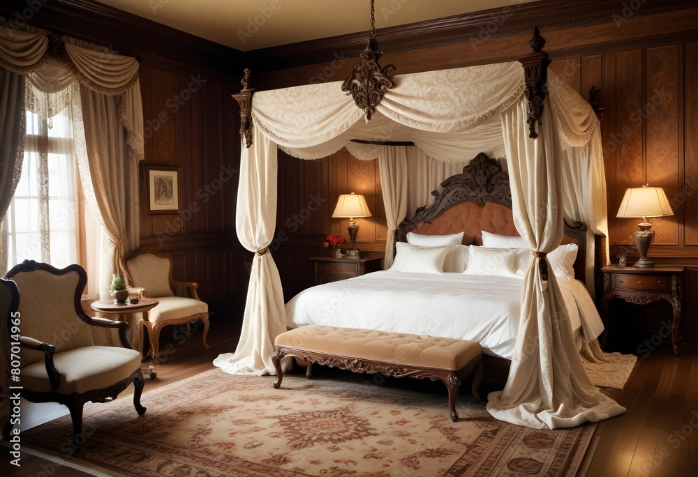  A luxurious and ornate bedroom with a large four-poster bed, antique furniture, and elaborate curtains and decor. The room has a warm, traditional and opulent feel.