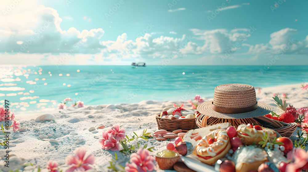 Families Celebrating Mothers Day with Beach Picnic: Fun, Food, and Sun at Photo Realistic Stock Concept