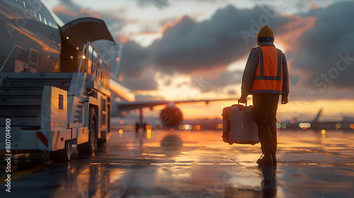Efficient travel concept: Baggage handler loading luggage into aircraft, emphasizing critical role of ground crew   Photo realistic Stock Concept photo