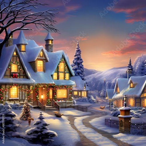 Winter night in the village. 3D render. Christmas background.