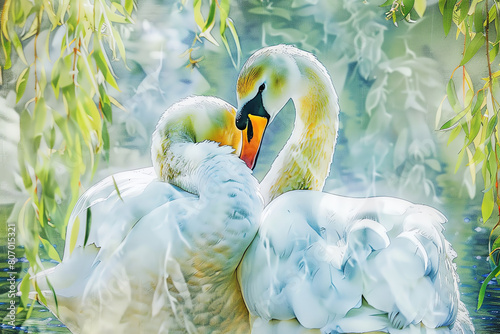 Fototapeta Naklejka Na Ścianę i Meble -  Capture the tender embrace of two swans in a noontime dance