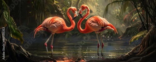 A pair of flamboyant flamingos performing an intricate mating dance in a secluded lagoon photo