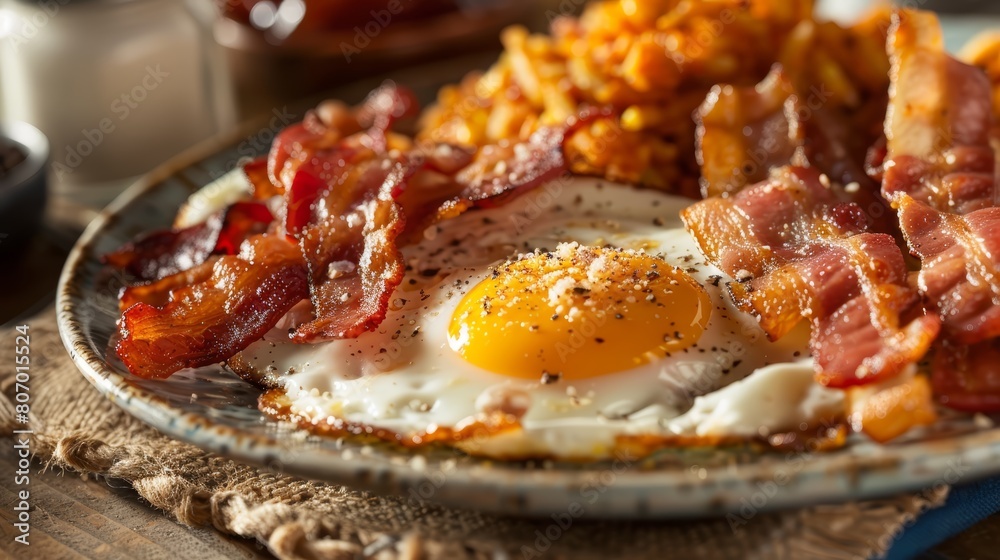Detailed portrait of a traditional American breakfast, focusing on the sizzling bacon, crispy hash browns, and sunny eggs, served on a homestyle plate