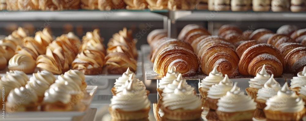 A pastry chefs atelier filled with golden eclairs, sculpted croissants, and pearllike tarts A pastry chefs atelier filled with golden eclairs, sculpted croissants, and pearllike tarts