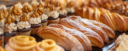 A pastry chefs atelier filled with golden eclairs, sculpted croissants, and pearllike tarts photo