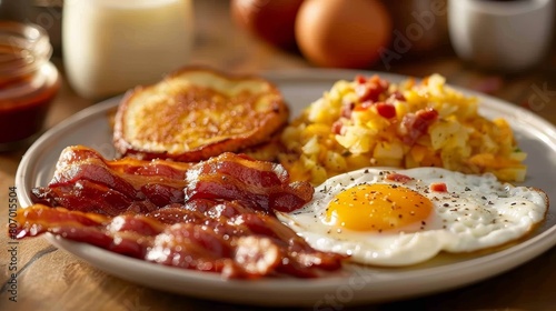 Detailed portrait of a traditional American breakfast, focusing on the sizzling bacon, crispy hash browns, and sunny eggs, served on a homestyle plate